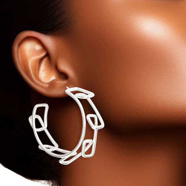 Hoop 14k White Gold Medium Geo Wire Earrings for Women T226-9485413056831