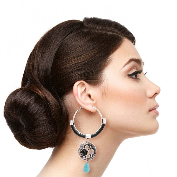 Burnished Silver Turquoise Drop Hoops T226-9485852803391