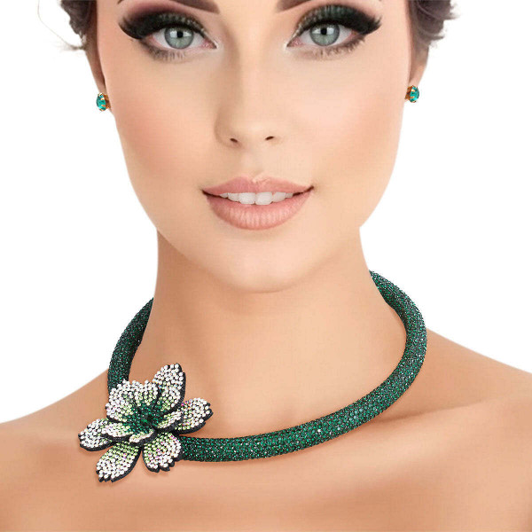Choker Green Bling Offset Flower Set for Women T226-9485348962623