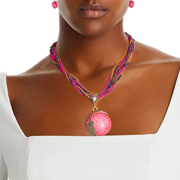 Pink Cord Bead Pendant Necklace T226-9485500907839