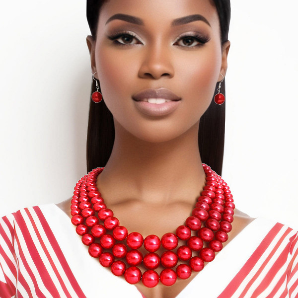 Pearl Necklace Red 3 Layer Set for Women T226-9485300171071