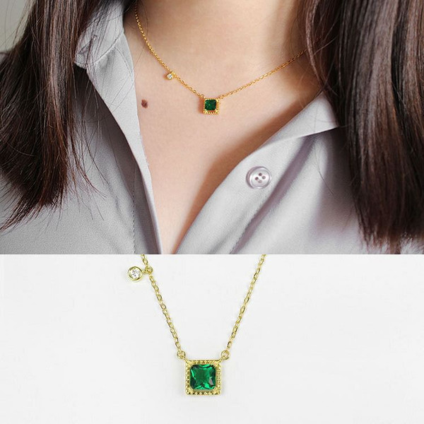Fashion Green Square CZ 925 Sterling Silver Golden Necklace R866-HFH_554970415237