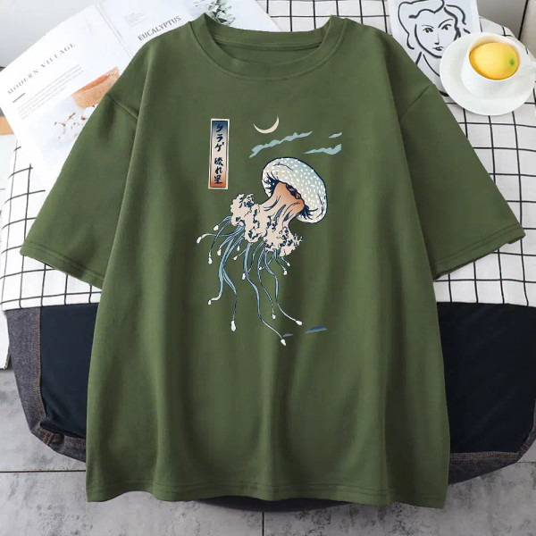 Color: army green, Size: XL - Swimming Colorful Jellyfish Print Mens Short Sleeve Japanese Harajuku F640-12000034096650587