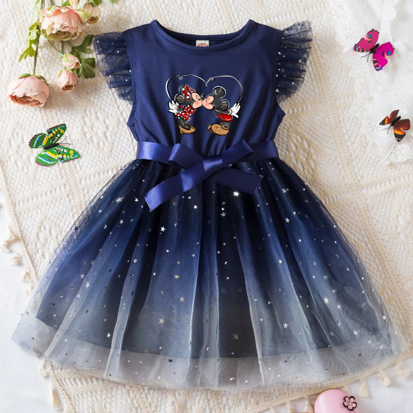 Color: Turquoise, Size: S - Mickey Minnie Mouse Girls Summer Clothes Flying Sleeves Bow Sequin Dres F640-12000038196309966