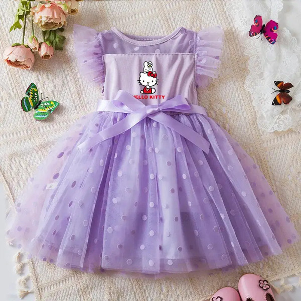 Color: Beige, Size: M - Hello Kitty 2-6Y Baby Girl Dress Princess Mesh Skirt Summer Sleeveless Wedd F640-12000039414785515