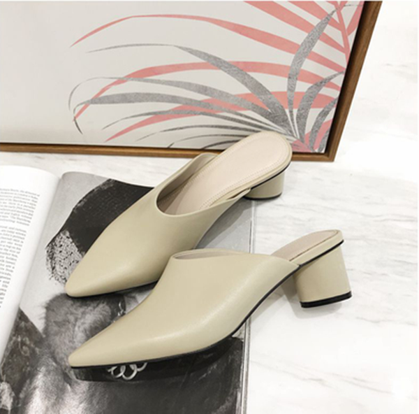 Color: Grey, Size: 39 - Leather Half Slippers Mules Versatile Thick Heel High Heel Slippers Q119-CJNS101881414NM