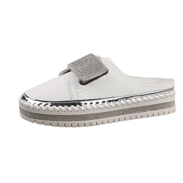 Color: White, Size: 42 - New Flat-Bottomed Rhinestone Baotou Semi Slippers Tide Q119-CJNS101893108HS