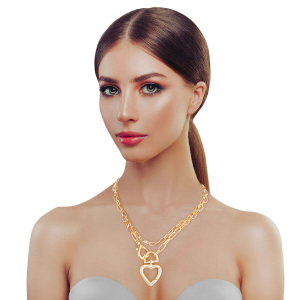 Gold Heart Carabiner Layered Chain T226-9485753942335