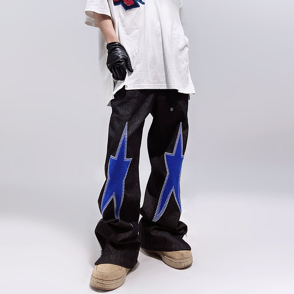 Five-pointed Star Embroidery Denim Horn Loose Straight Casual All-match Mop Trousers Men Q119-CJXX2039820