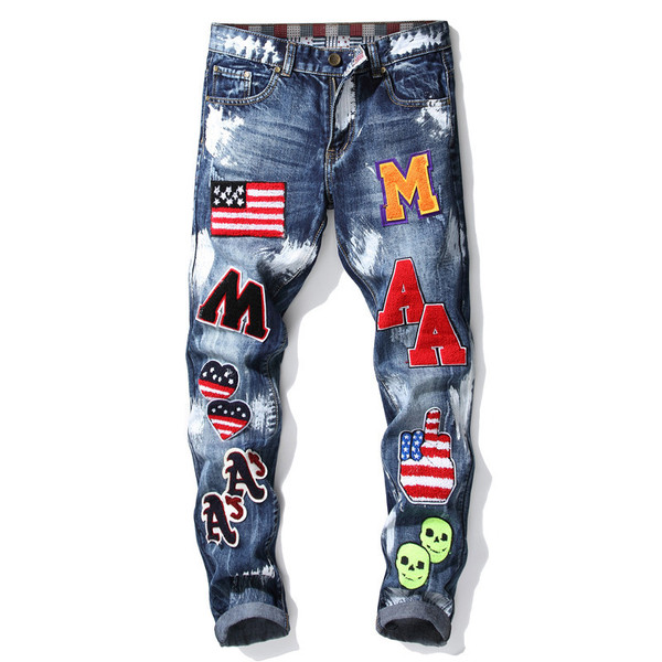 Autumn And Winter New Small Straight Embroidered Flag Badge Paint Men'S Slim Non-Stretch Jeans Tren Q119-CJNZ1090533