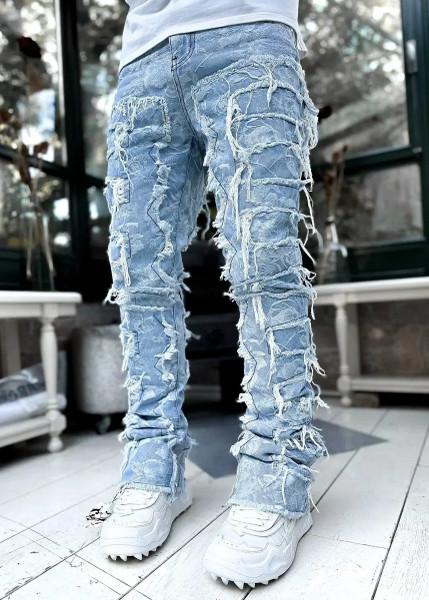 Color: SKY BLUE, Size: XXL - Men's Regular Fit Stacked Jeans Ripped Slim Fit Patch Distressed Destr F640-12000041500299361