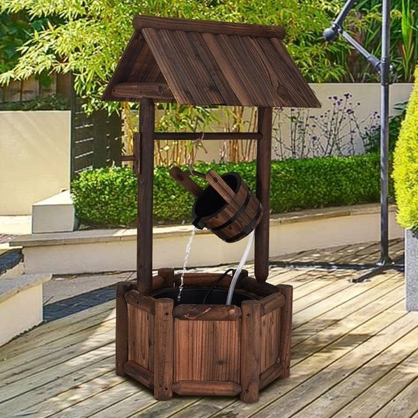 Outdoor Patio Garden Solid Wood Wishing Well Water Fountain with Pump Q280-GRWFP1243582935