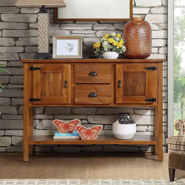 Solid Wood Farmhouse Console Table Buffet Cabinet with Storage Drawers in Brown Q280-BRSWFCT25769174325