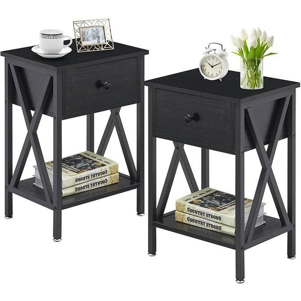 Set of 2 - Rustic 1 Drawer Black Nightstand with X-Shaped Sides Q280-CJBL1981