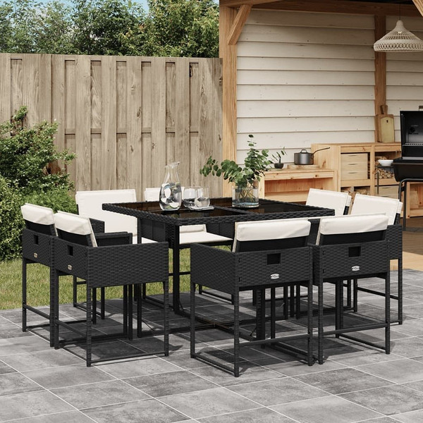 9 Piece Patio Dining Set with Cushions Black Poly Rattan A949-3278141
