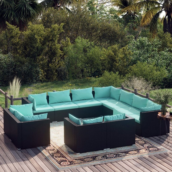 11 Piece Patio Lounge Set with Cushions Black Poly Rattan A949-3102873