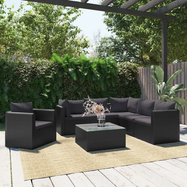 7 Piece Patio Lounge Set with Cushions Poly Rattan Black A949-46552