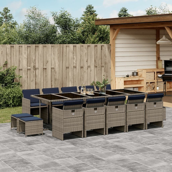 15 Piece Garden Dining Set with Cushions Grey Poly Rattan A949-3277764