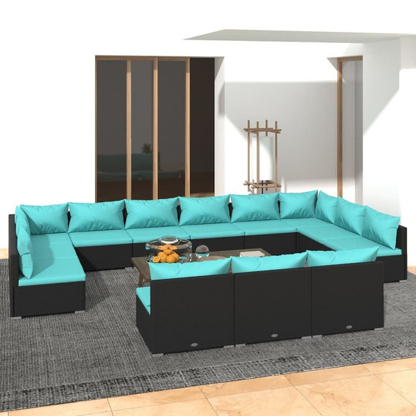 13 Piece Patio Lounge Set with Cushions Black Poly Rattan A949-3102153