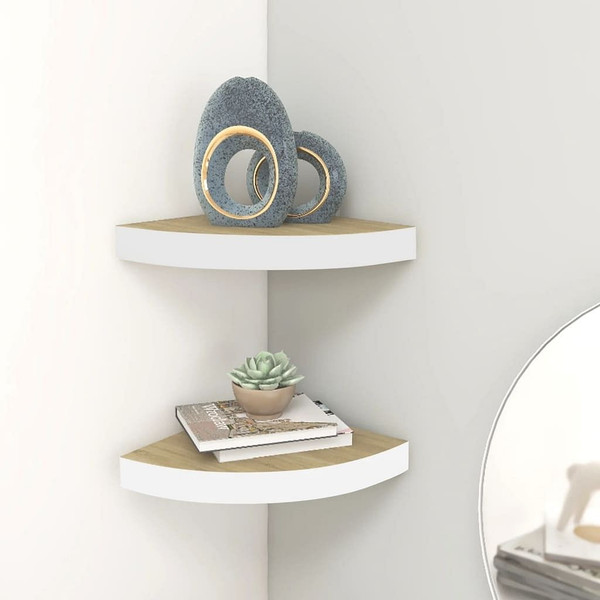 Wall Corner Shelves 2 pcs Oak and White 9.8"x9.8"x1.4" MDF A949-326631
