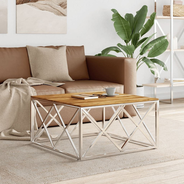 Coffee Table Silver Stainless Steel and Solid Wood Acacia A949-349975