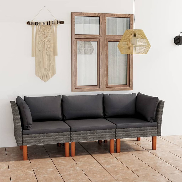 3-Seater Patio Sofa with Cushions Gray Poly Rattan A949-3059707