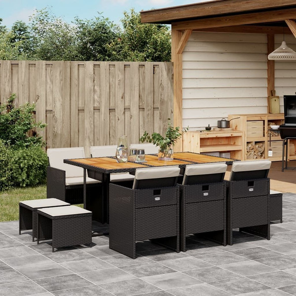 11 Piece Patio Dining Set with Cushions Black Poly Rattan A949-3277742