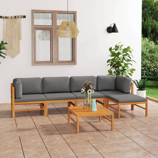 6 Piece Patio Lounge Set with Gray Cushions Solid Teak Wood A949-3087243