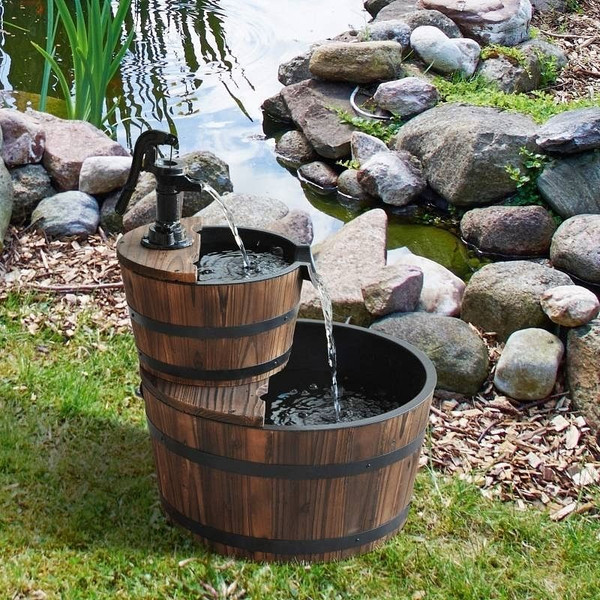 Outdoor 2-Tier Solid Wood Whisky Barrel Waterfall Fountain with Electric Pump Q280-ATRWBF7958173624