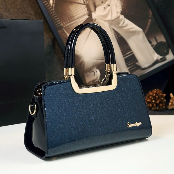 Color: Blue - Cowhide Women's Patent Leather Handbag Crossbody Bag Q119-CJNS184318802BY
