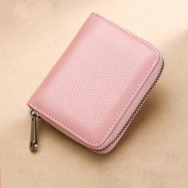 Color: Pink, style: A - Anti Theft Brush Anti Degaussing Cowhide Card Holder Women's Leather Zipper Q119-CJNS105511305EV