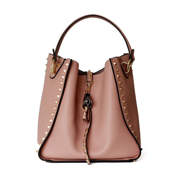 Color: Pink, Size: S - Studded handbag leopard head shoulder soft cowhide mother bag bucket bag Q119-CJBHNSNS06257-Pink-S