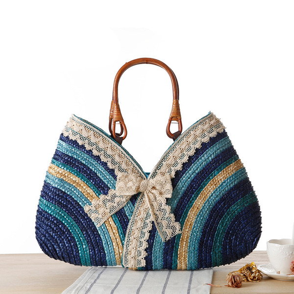 Wheat Straw Rainbow Stripes Straw Bag Rattan Bag Garden Handbag Japanese And Korean Casual Fashion Q119-CJNS1188899