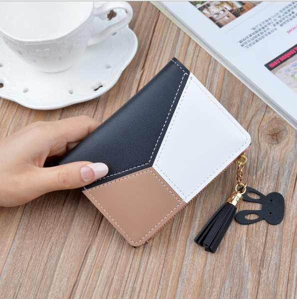 Color: Black - Stitching contrast color short wallet fringe zipper multi-card position purse Q119-CJBHNSNS05458-Black