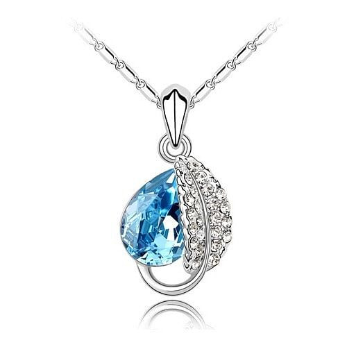 Love Leaf with Aquamarine Crystal Water-drop Pendant Necklace A392-cnel0206
