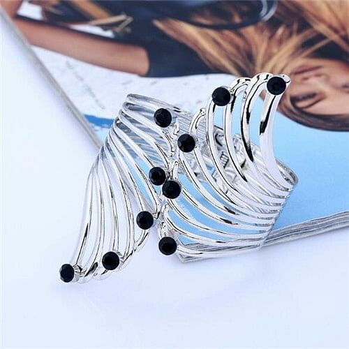 Rhinestone Embellished Shining Fashion Hollow Feather Style Costume Bangle - Silver A392-fabr2112