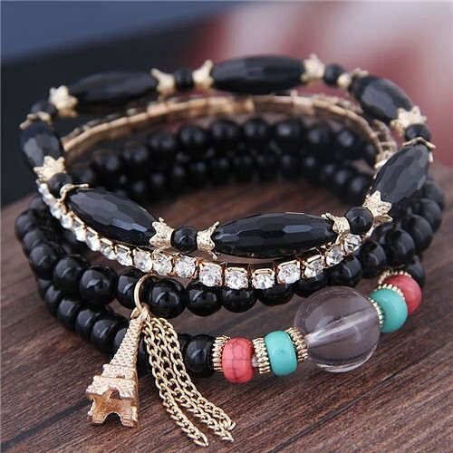 Tower Pendant Decorated Multi-layer Acrylic Beads Women Fashion Bracelet - Black A392-fabr2363