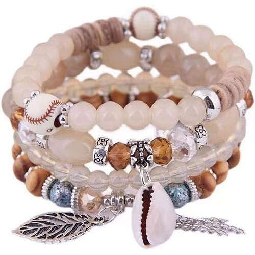 Trendy Leaf and Conch Pendant Multi-layer Beads Fashion Women Wholesale Fashion Bracelet - Off White A392-fabr2803
