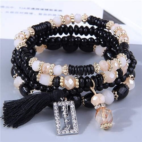 Multi-layer Beads Happy Charm High Fashion Women Wholesale Bracelet - Black A392-fabr2826