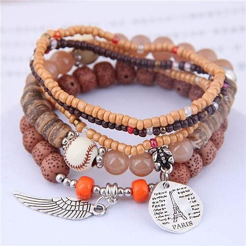 Silver Paris Tower and Wing Pendant Bohemian Fashion Beads Multi-layer Women Bracelet - Brown A392-fabr2856