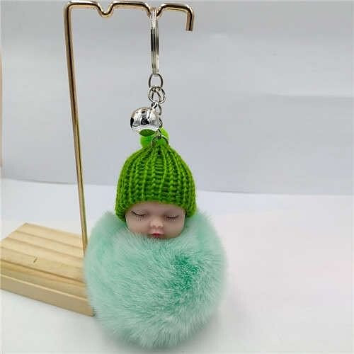 Fashion Women Handbag Pendant Cute Sleeping Baby Mini Bell Fluffy Design Wholesale Key Chain - Green A392-fakc0076