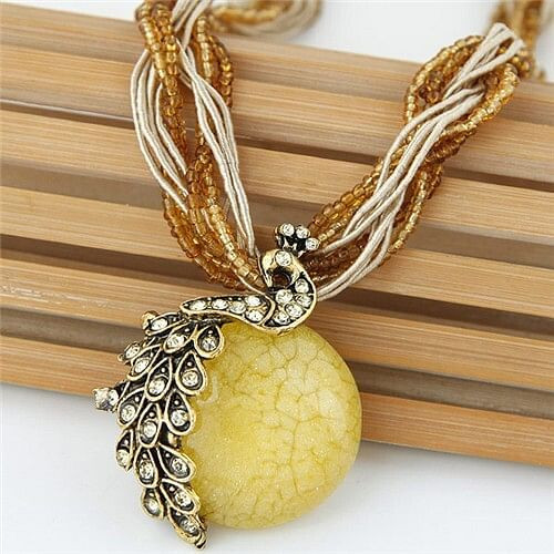 Rhinestone Embellished Peacock on the Moon Pendant Statement Fashion Necklace - Yellow A392-fane3806