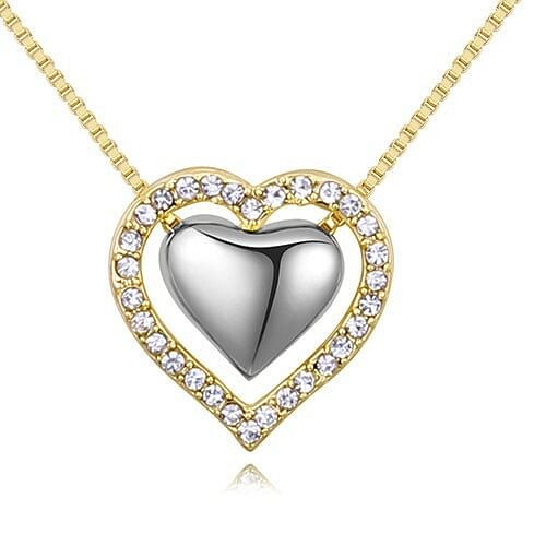 Imported Czech Crystal Inlaid Dual Hearts Design Costume Necklace - Gold and Platinum A392-fane5104