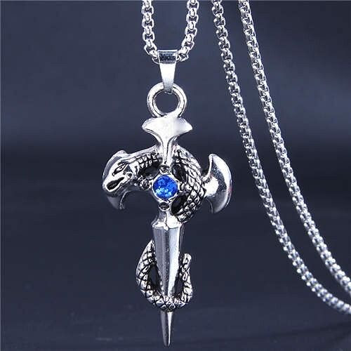 Hip-hop Style Wholesale Jewelry Vintage Snake Cross Pendant Men Statament Long Chain Necklace - Blue A392-fane7432
