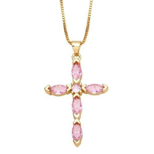 Classic Cross Pendant Wholesale Women 18K Gold Plated Copper Necklace - White A392-fane7638