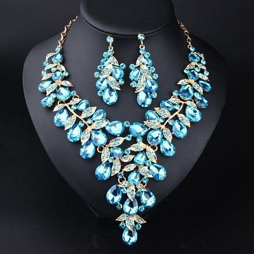 U. S. Fashion Jewelry Exaggerated Dinner Accessories Rhinestone Necklace Earrings Set - Blue A392-fane7649
