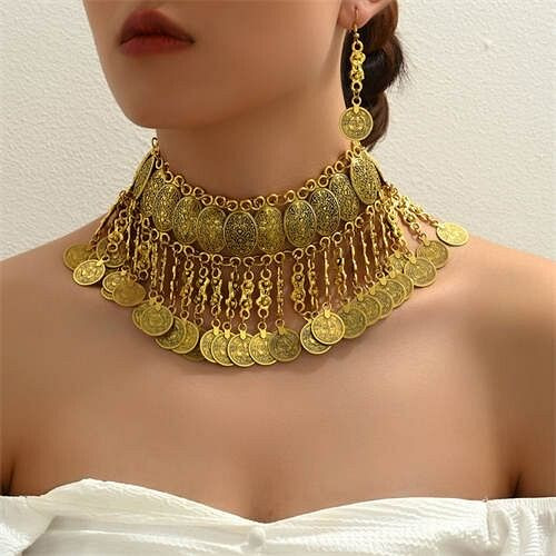 Vintage Fashion Coins Tassel Design Wholesale Statement Necklace and Earrings Set - Golden A392-fane7688