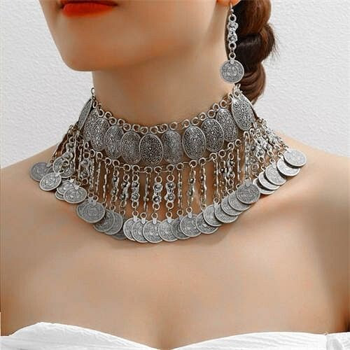 Vintage Fashion Coins Tassel Design Wholesale Statement Necklace and Earrings Set - Silver A392-fane7689