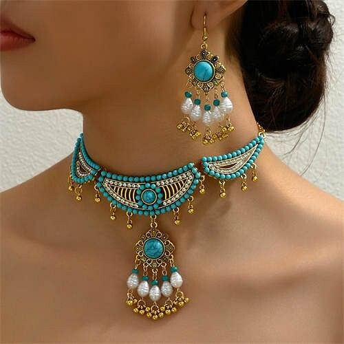 Vintage Artificial Turquoise Women Wholesale Beads Weaving Fashion Necklace and Earrings Set A392-fane7714