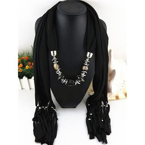 Fashionable Multiple Gems Pendants Exaggerating Scarf Necklace - Black A392-fasn0024